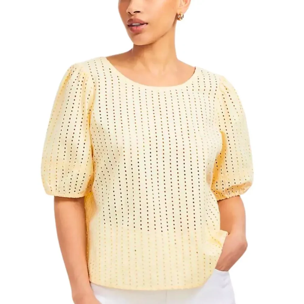 LOFT Butter Yellow Eyelet Cutout Back Bubble Sleeve Top Blouse Small